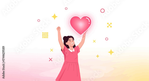 Girl holding a heart illustration showing love, care, and appreciation on white background