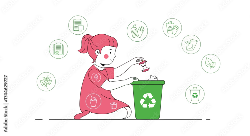Naklejka premium Girl Recycling Organic Waste in a Bin Helping Earth with Environmentally Friendly Process