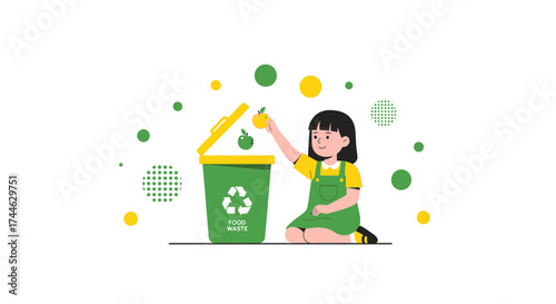 Girl recycling food waste in a green bin focused on environmental sustainability