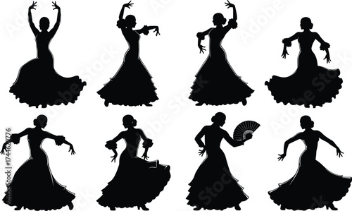 Flamenco dancer silhouettes, ruffled dress poses, expressive movement, cultural dance, elegant gestures, black figures, dramatic flair, fan accessory, passion, rhythm