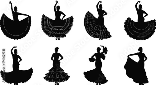 Flamenco dancer silhouettes, traditional Spanish dance, ruffled dresses, expressive poses, cultural movement, elegant choreography, black figures, dramatic flair, motion art, passion