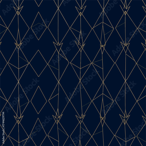 Geometric pattern with diamond shapes and arrow elements on dark blue background.