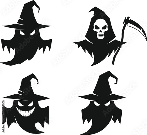 Ghost and reaper silhouettes, Halloween characters, pointed witch hats, scary faces, black figures, horror theme, spooky design, eerie charm, fear, mystery