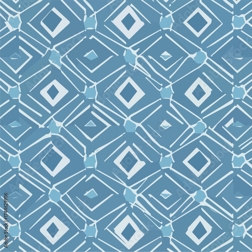 Geometric pattern with diamond shapes and lines in shades of blue and white.