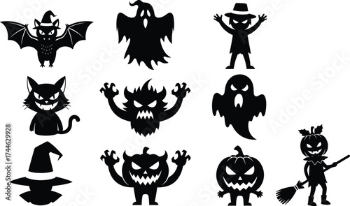 Halloween silhouette collection, spooky characters, ghost, bat, monster, pumpkin, witch hat, black figures, scary icons, festive design, eerie charm