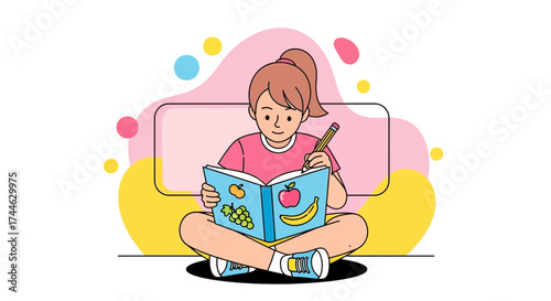 Girl Writing In Colorful Book While Sitting Cross-Legged With Fruits Illustration