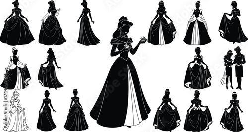 Princess silhouette collection, fairy tale theme, elegant gowns, fantasy characters, symmetrical layout, magical poses, black figures, storytelling icons, charm, grace