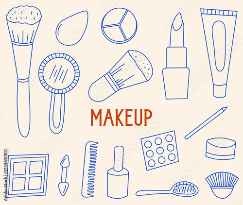 Makeup Themed Doodle Elements, Hand Drawn Cosmetic Stock Illustration, Women Accessories, Beauty and Makeup Icons Set