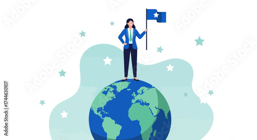 Global Leadership Depicted Woman Holding Flag Atop World Sphere Symbolizing Worldwide Authority