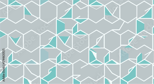 Geometric pattern with hexagonal shapes and teal accents creates a modern design.