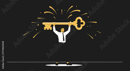 Gold Key Symbolizing Success, Opportunity, and Business Concept with Businessman over view