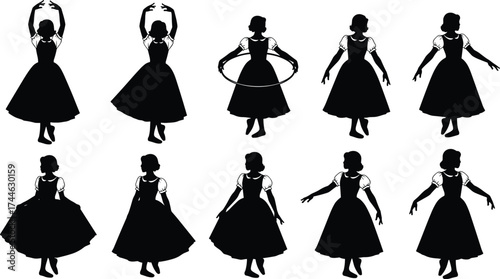 Silhouette girl dance poses, black illustration, ballet movement, puff sleeve dress, graceful posture, hula hoop, classical style, vector art