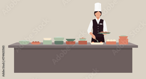 Gourmet Chef Preparing Gastronomic Delights Behind a Buffet, Cuisine Presentation