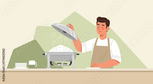 Gourmet Presentation: Chef Opening Serving Dishes Revealing Aromatic Steam and Fresh Cuisine