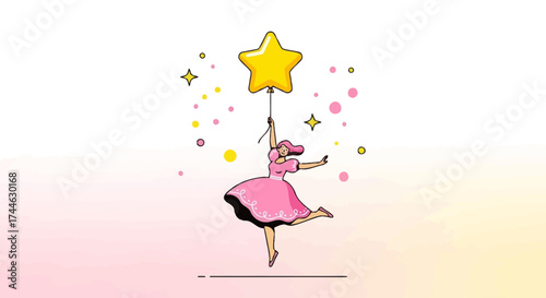 Graceful Woman Dancing With Star-Shaped Balloon amidst Sparkling Delight