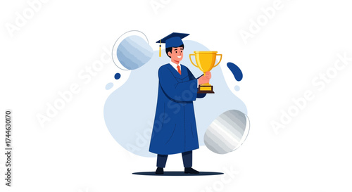Graduate Celebrates Achievement Holding Gold Trophy on a White Background