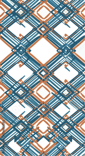 Geometric pattern with intersecting lines and diamond shapes in blue and orange.