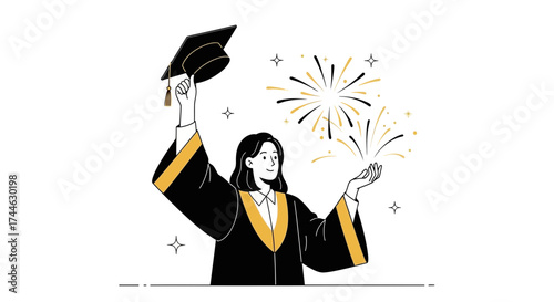 Graduation Celebration: A Graduate Holding Cap with Fireworks, Commemorating Academia