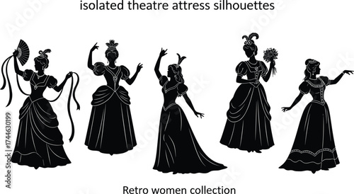 Retro women silhouettes, theatrical fashion poses, vintage costume design, elegant gowns, historical style, fan accessories, ribbon detail, drama, flair, charm