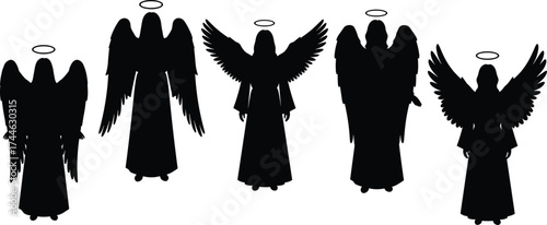 Surreal angel silhouettes, halo and wings, spiritual figures, symbolic design, black robes, divine presence, artistic style, grace, mystery, faith
