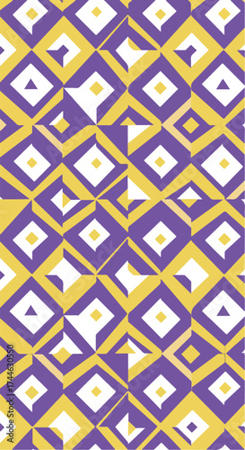Geometric pattern with purple and yellow diamond shapes repeating across the surface.