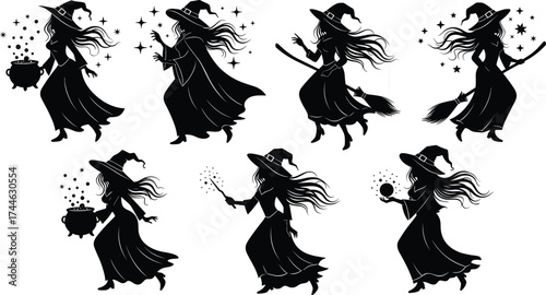 Witch silhouette vector, magical poses, broomstick flying, cauldron spell, crystal ball, Halloween theme, fantasy art, stars, black illustration
