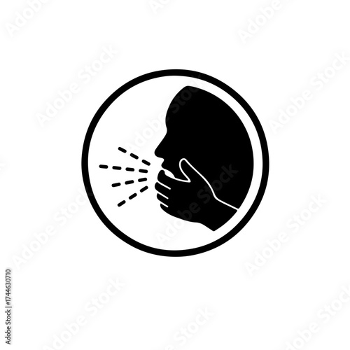 World TB Day Prevention Icon. Simple black and white graphic showing a silhouetted face/mouth coughing (with splash lines) being covered by a hand