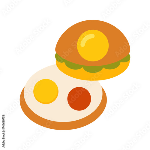 showing two eggs one on a plate and one inside a bun with green filling shown vector art illustration