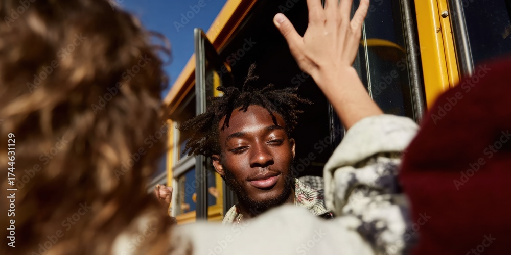 Obraz premium Authentic Black Teenager Boarding Yellow School Bus in Golden Morning Light Premium Back to School Lifestyle for Youth Marketing and Social Media