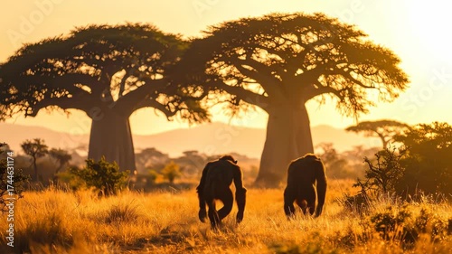 Two Hominids Walking Through African Savanna with Baobab Trees at Sunset.