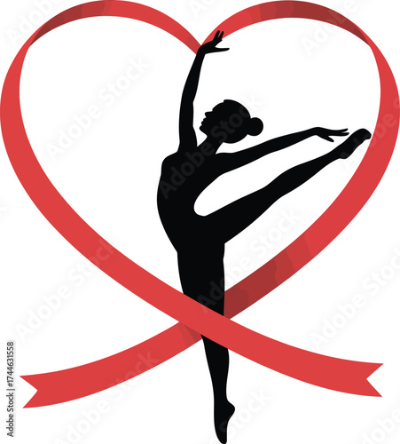 Elegant ballerina silhouette dancing gracefully with a flowing heart ribbon