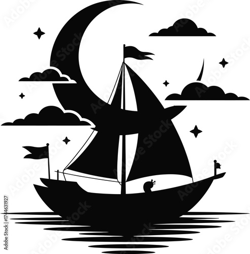 Serene boat sailing under a crescent moon silhouette