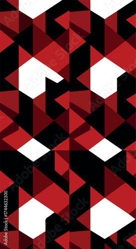 Geometric red and black abstract pattern with repeating shapes and forms.