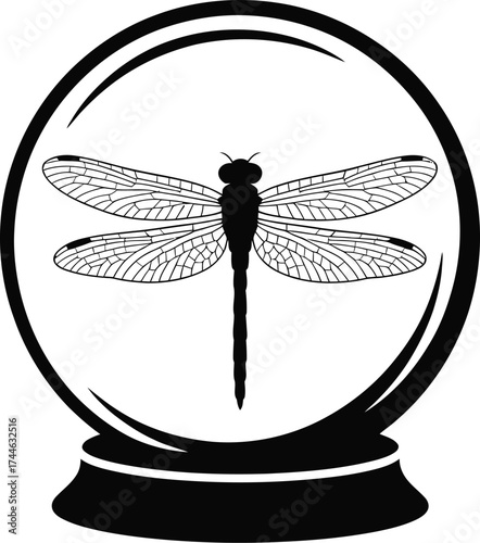 Mystical dragonfly silhouette captured within a glowing crystal ball silhouette