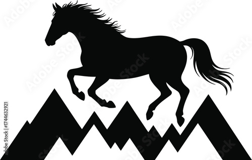 Majestic horse prancing atop jagged mountain silhouette