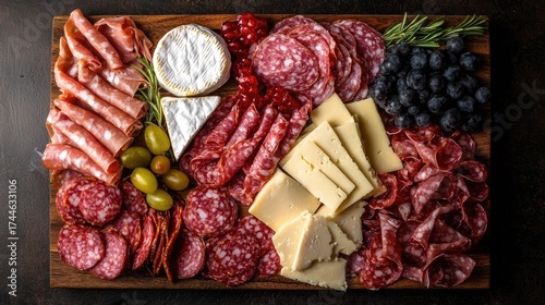 Artfully arranged charcuterie board featuring a mouthwatering selection of cured meats artisanal cheeses juicy grapes and flavorful olives  The display showcases a variety of textures colors