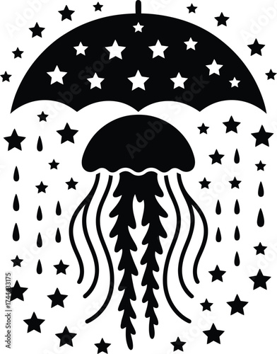 Whimsical jellyfish under an umbrella with starry night sky silhouette