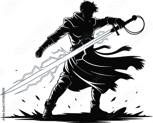 Warrior silhouette wielding a glowing lightning blade sword in battle