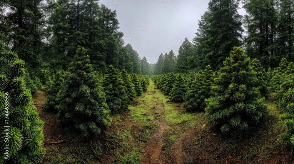 Fototapeta premium Monkey puzzle tree field Greenery After the Rain