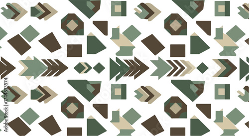 Geometric shapes pattern in shades of green and brown on white background.