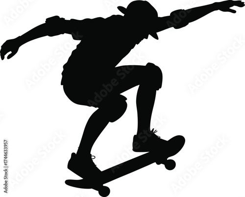 Dynamic skateboarder performing a kickflip trick silhouette