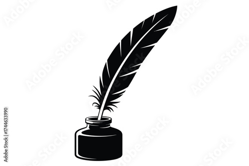 Minimalist black and white quill pen and inkwell vector illustration for writing and education vector