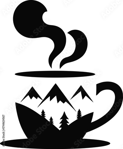 Steaming teacup with mountain landscape silhouette