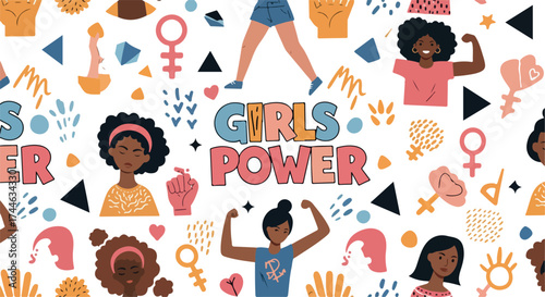 Girls Power Illustration with Diverse Women and Empowerment Theme.