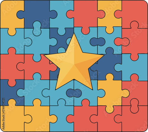 Golden star shines brightly on a colorful puzzle background representing achievement.