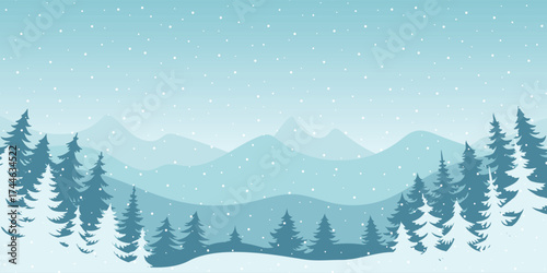 Winter landscape, mountains with forest in the fog, snowdrifts and snowfall, vector illustration