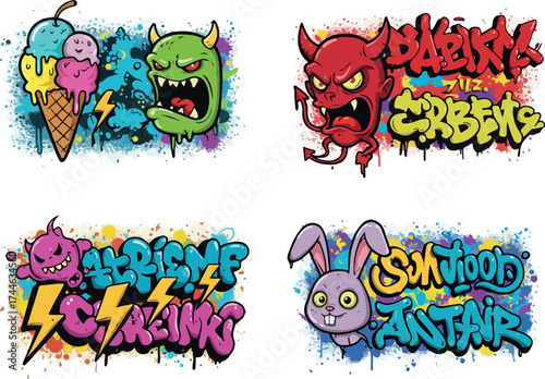 Graffiti Art Collection Featuring Monsters Ice Cream and Bunny Characters.