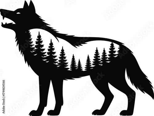 Majestic wolf howling in a dense pine forest silhouette