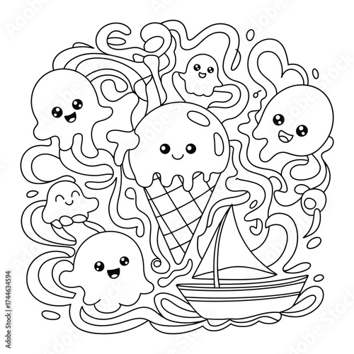Adorable kawaii ice cream cone and ghostly friends sailing the wavy sea line art vector vector