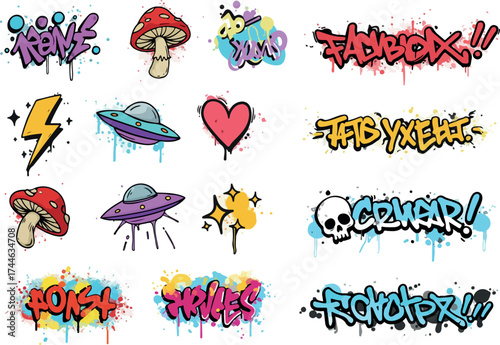 Graffiti art collection with various designs and vibrant colors.